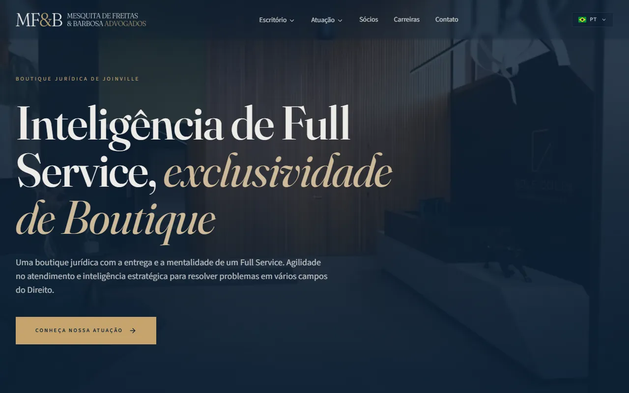 Página inicial do site do escritório Mesquita de Freitas e Barbosa Advogados